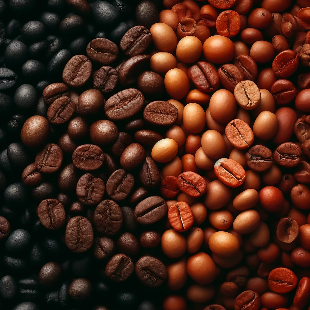 Close-up comparison of Arabica and Robusta coffee beans, showing differences in size, shape, and color