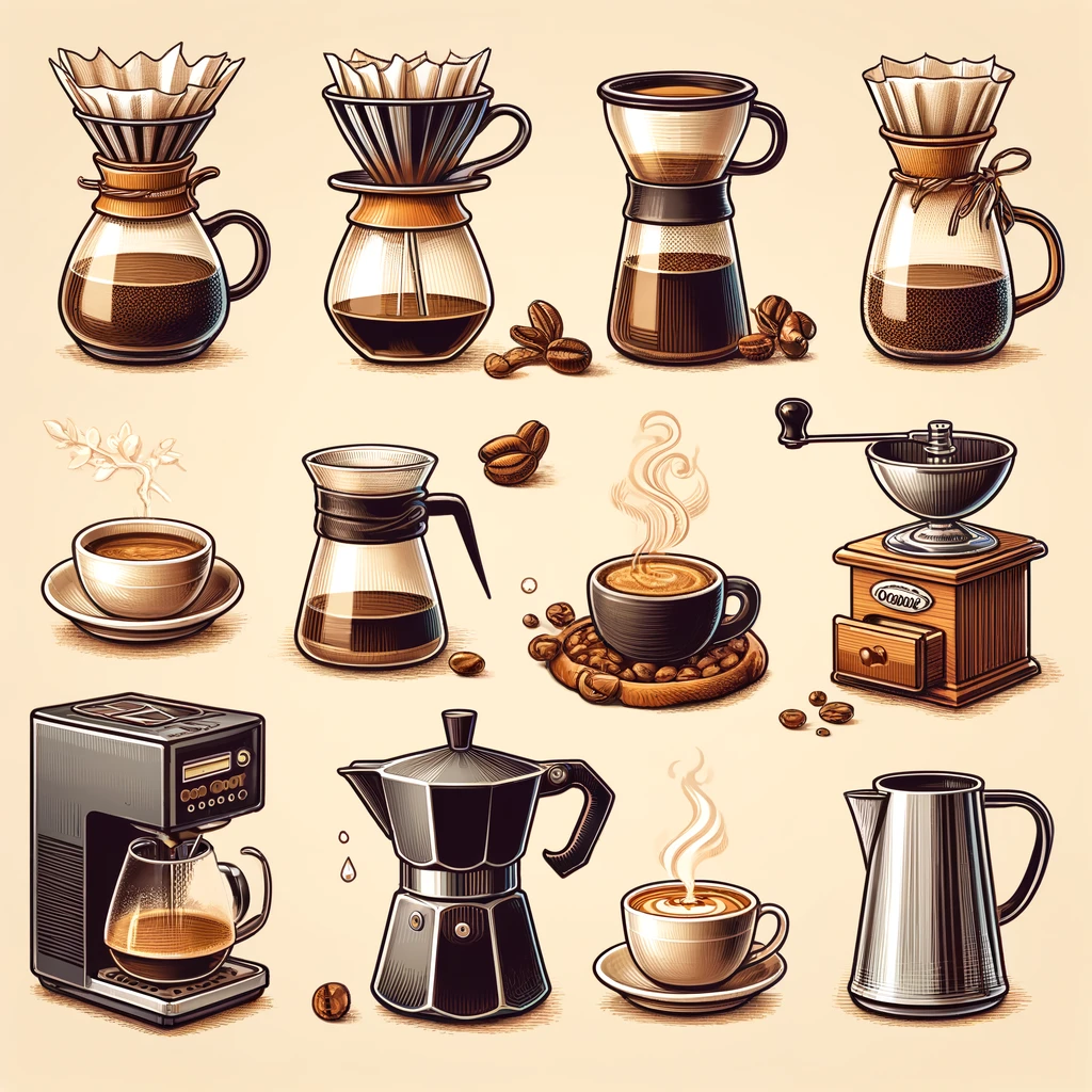 Different coffee brewing methods for Arabica and Robusta, shown with their respective coffee makers and cups