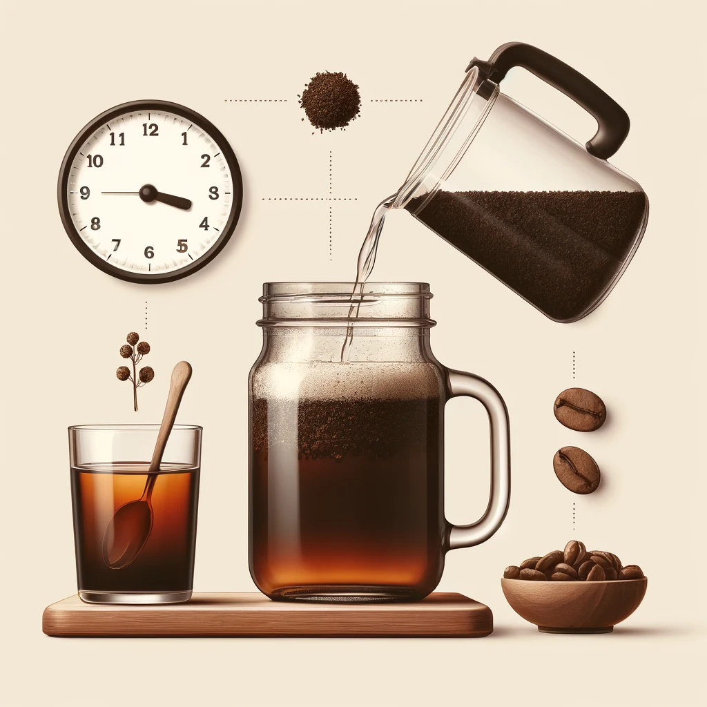 Step-by-step process of making cold brew coffee at home with coffee grounds, jar, and timer.