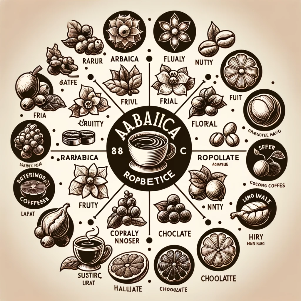 Visual representation of Arabica and Robusta coffee flavor profiles with icons and descriptions