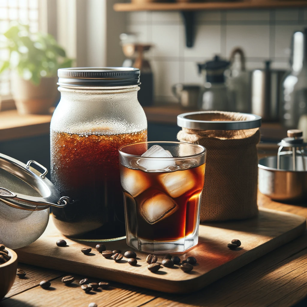 Home cold brew coffee setup with jar, strainer, and glass of cold brew on a wooden kitchen counter.