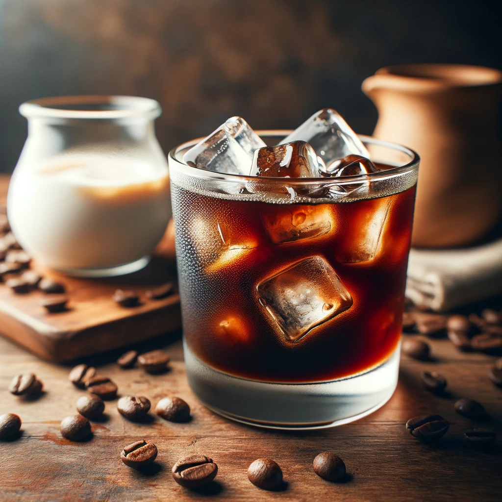 Refreshing glass of cold brew coffee with ice cubes, coffee beans, and a small pot of cream.